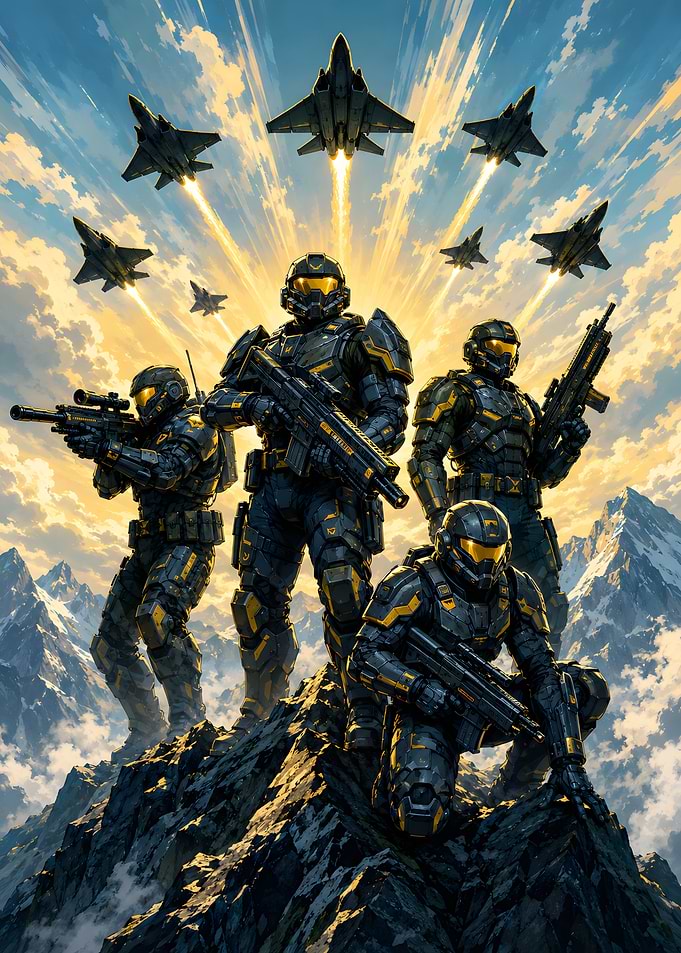 Sci-fi soldiers and fighter jets