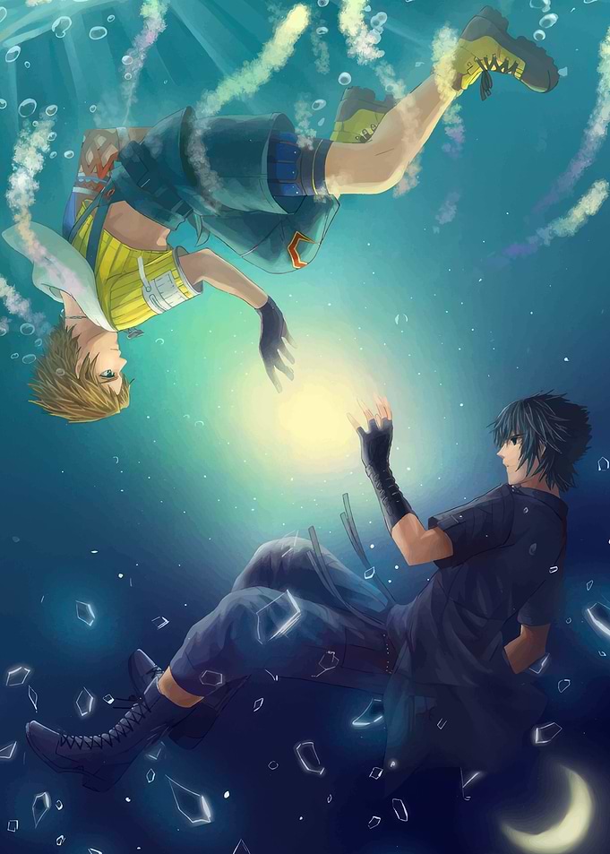 Two anime characters reaching for light underwater