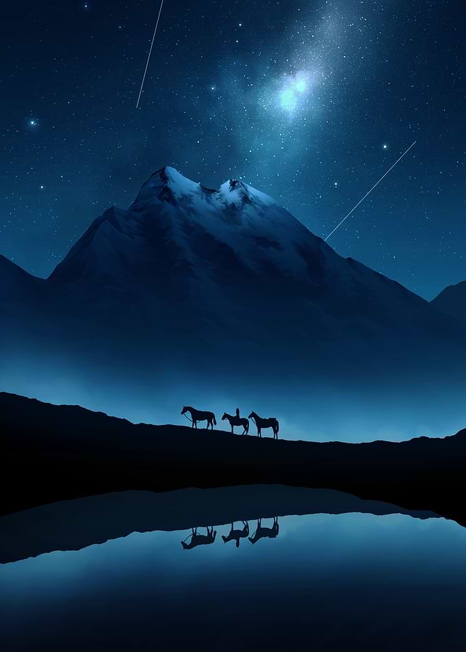 Horses under starry mountain sky