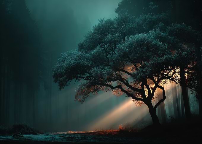 Misty Forest with Sunbeams