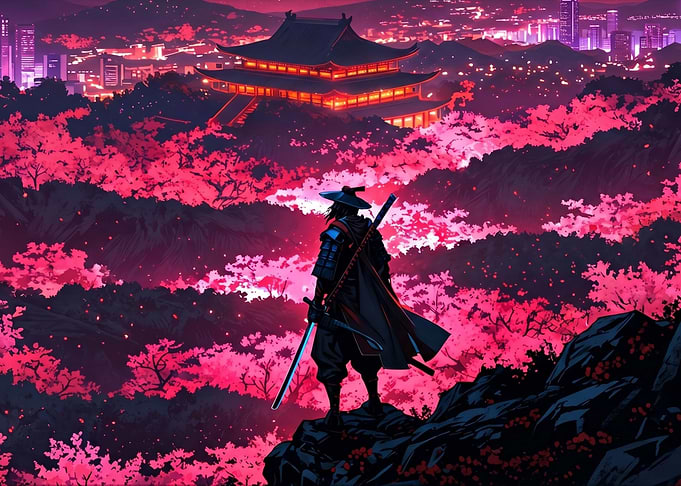 Samurai Overlooking Cherry Blossoms and City