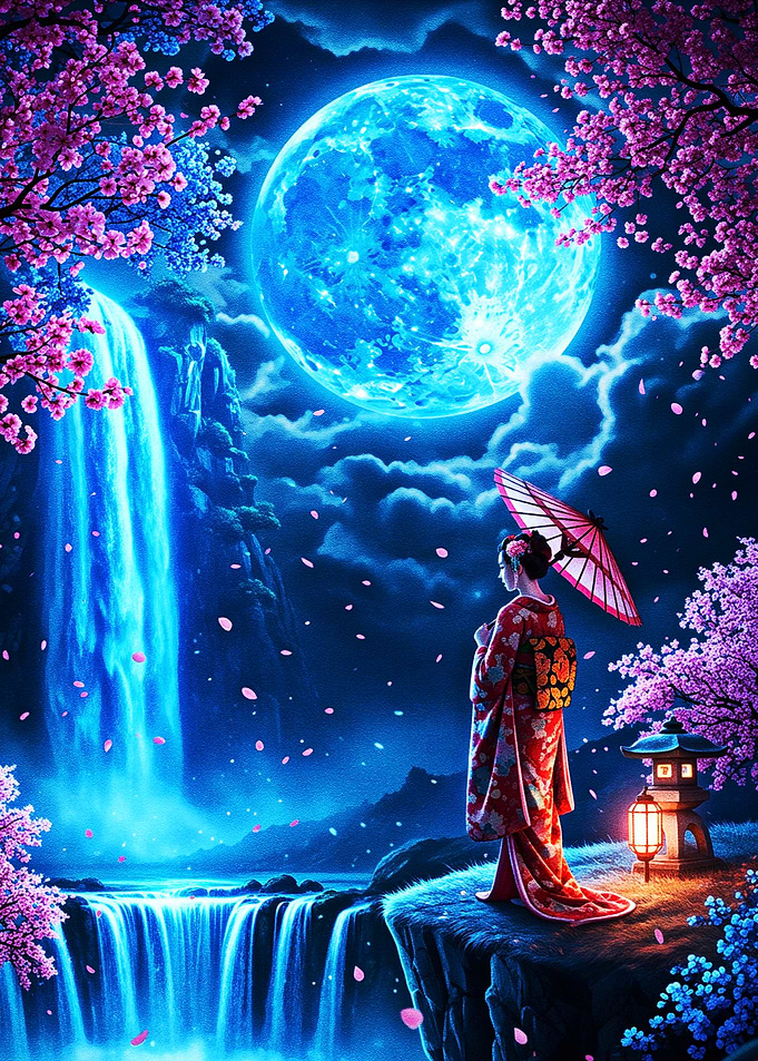 Geisha by Waterfall Under Blue Moon