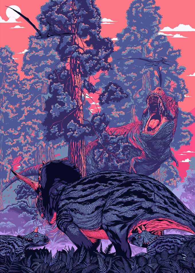 Dinosaurs in a prehistoric forest