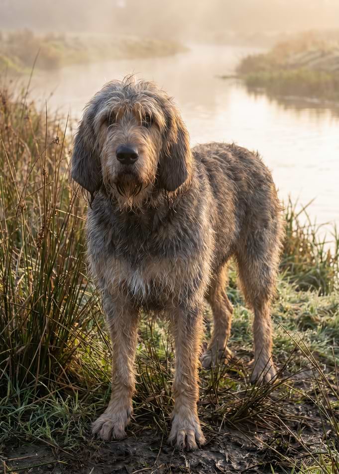 Wirehaired dog in misty morning light