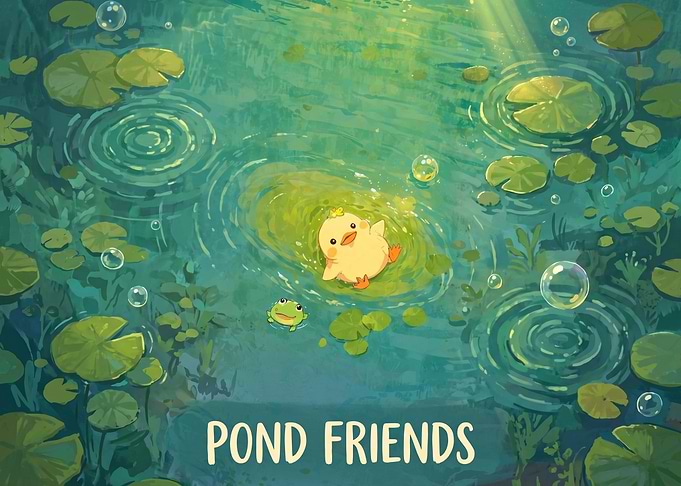 Cute Duck and Frog in a Pond