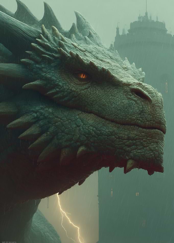 Dragon in a stormy castle setting