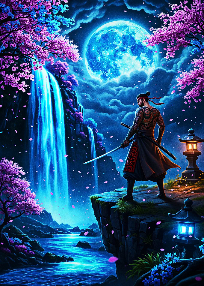 Ronin Samurai by Waterfall Under Blue Moon
