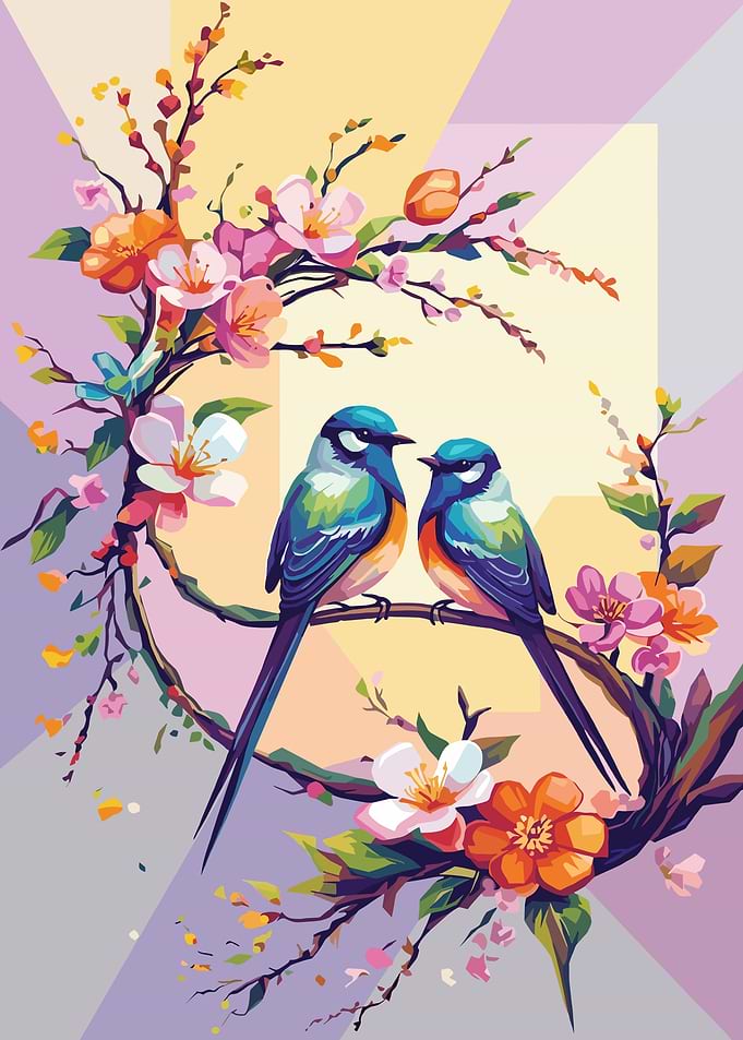 Two Birds on a Branch with Flowers
