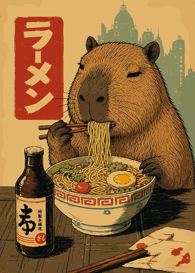 Cute Capybara Ramen Illustration Japanese Cozy Cityscape Wall Art Poster