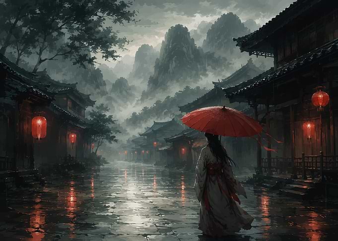Woman with Red Umbrella in Rainy Asian Village