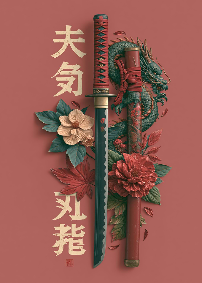 Katana with Dragon and Flowers