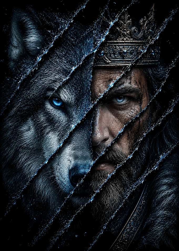 Wolf and King Split Portrait