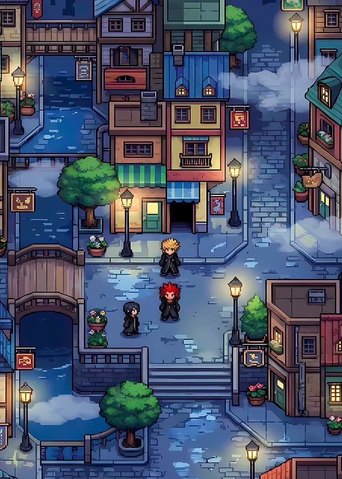 Pixel Art Characters in a Town Square