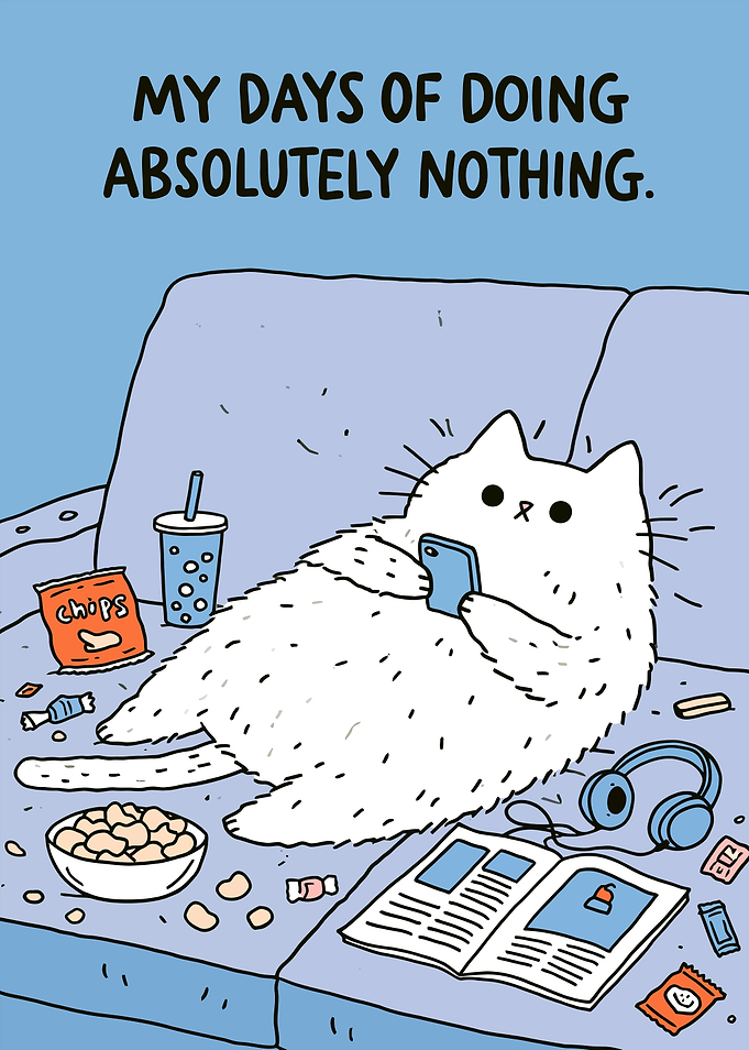 Cat relaxing with snacks and phone