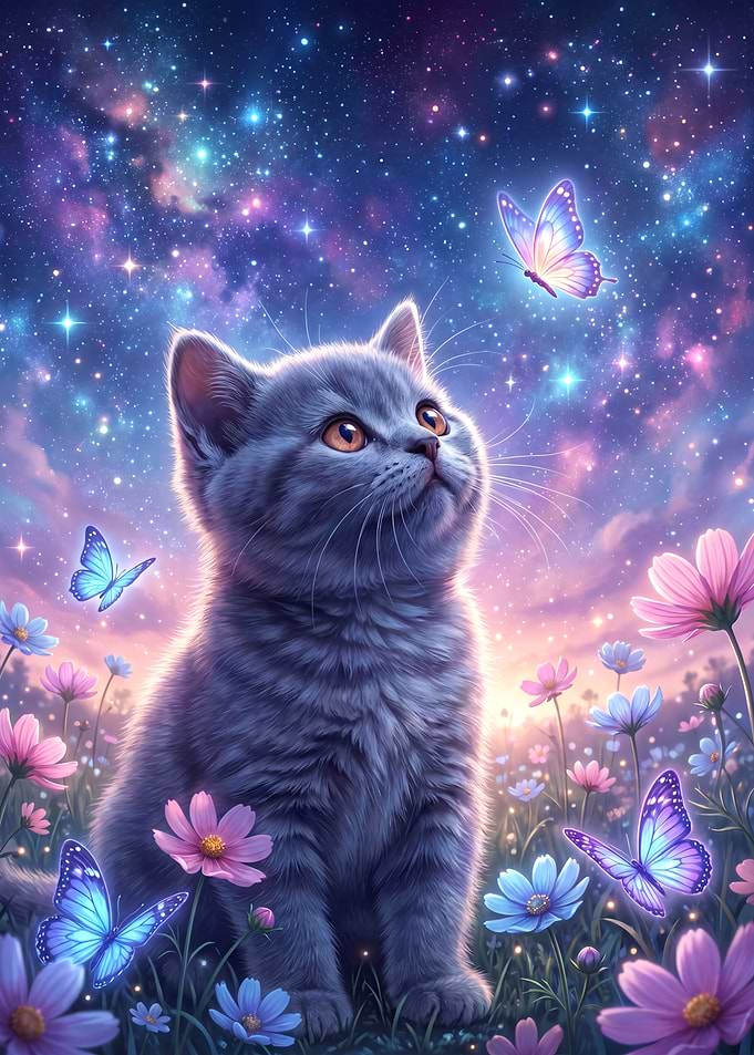 Cute Kitten in a Cosmic Flower Field Watches a Butterfly