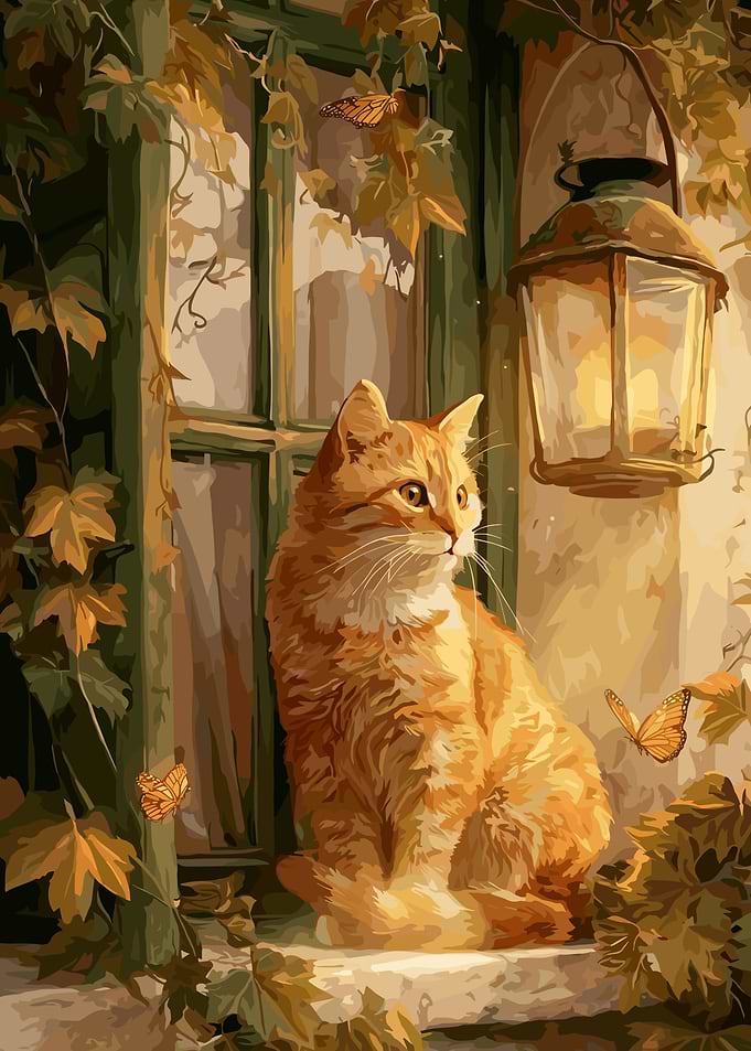 Orange Cat by Window with Butterflies