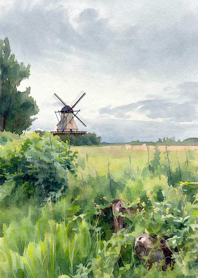 Watercolor Landscape with Windmill