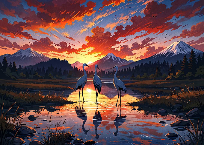 Cranes at Sunset