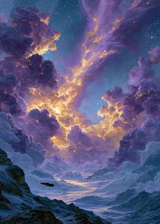 Sci-fi spaceship in a cosmic nebula