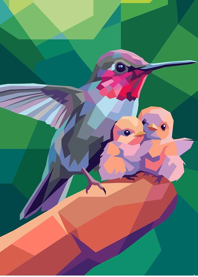 Hummingbird with Chicks on Branch