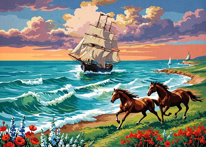 Sailboat and Horses by the Sea