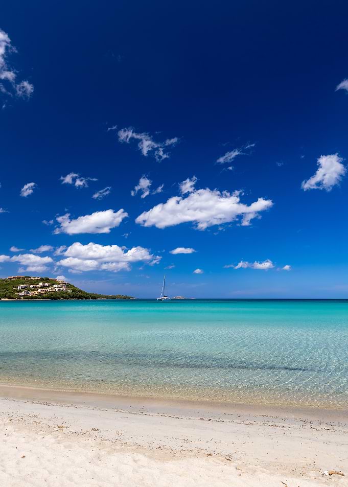 Tropical Beach with Catamaran and Village