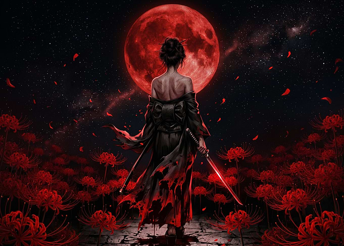 Samurai Woman Under a Blood Moon