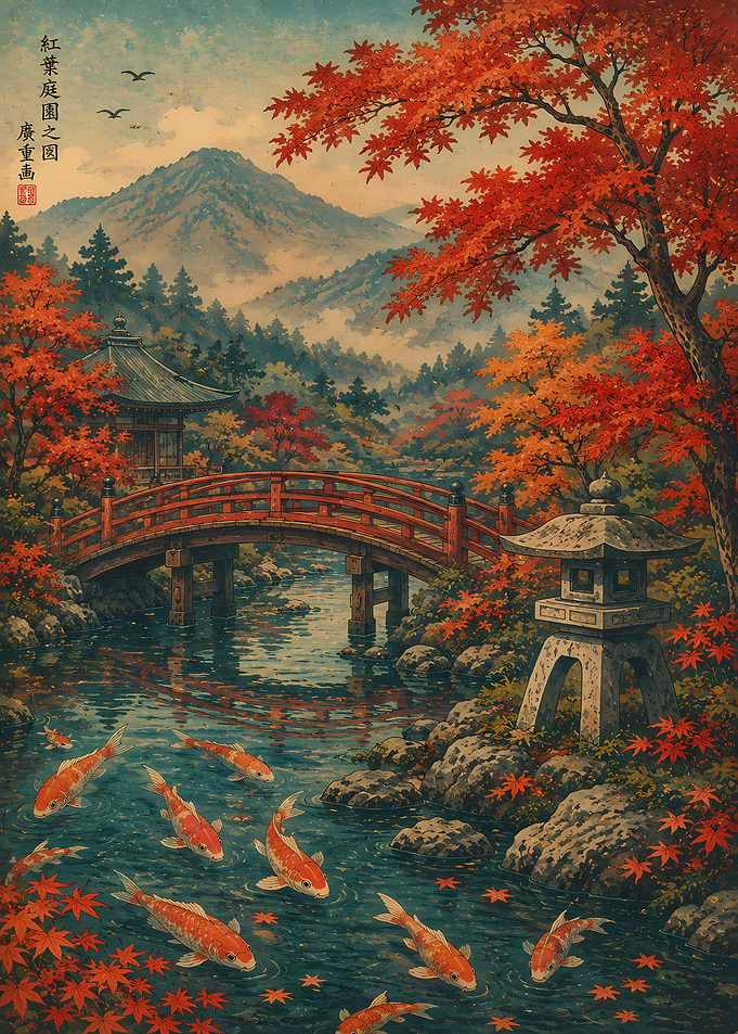 Autumn Japanese Garden with Koi Pond