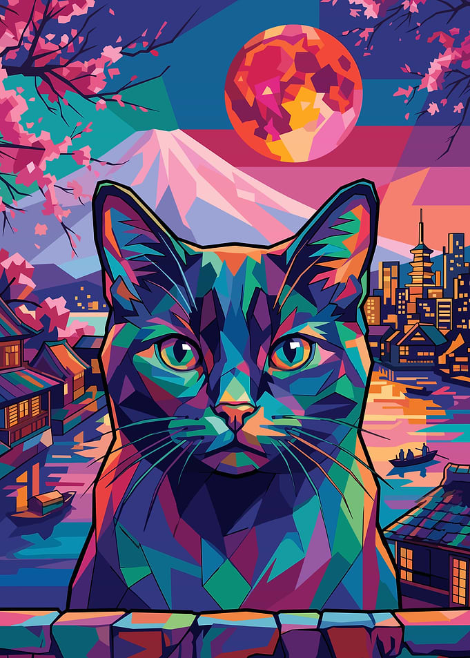 Geometric Cat with Japanese Scenery