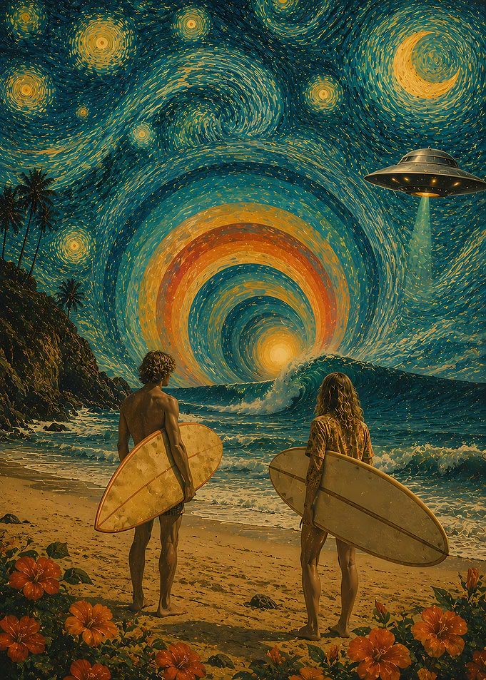 Surfers and UFO in Starry Night Sky
