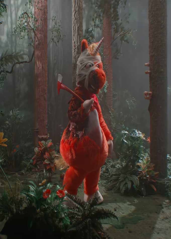 Bandaged Unicorn with Axe in Forest