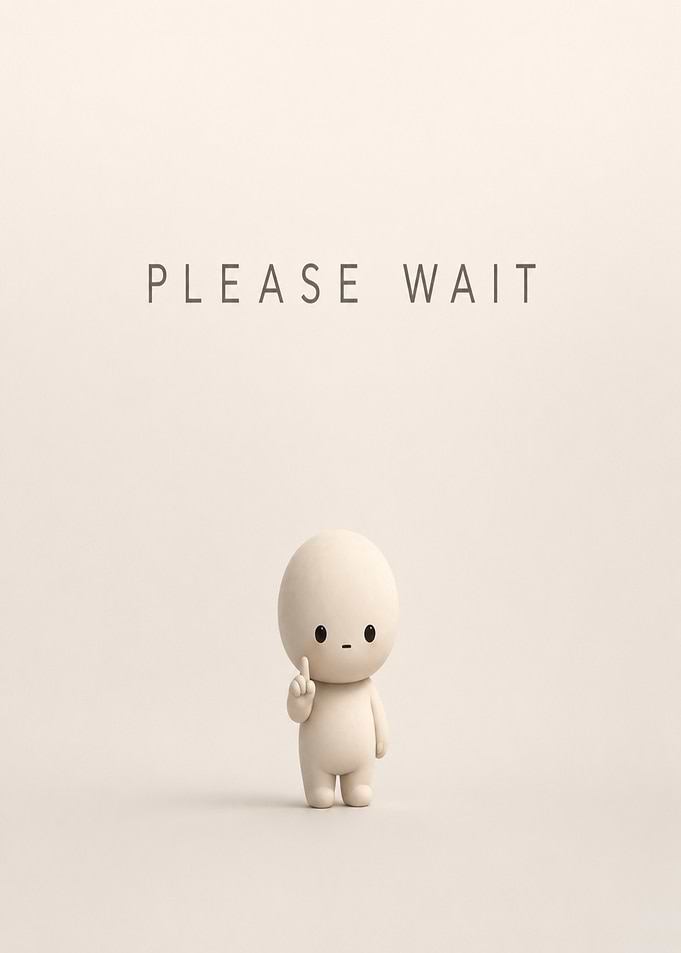 Cute character with 'Please Wait' text