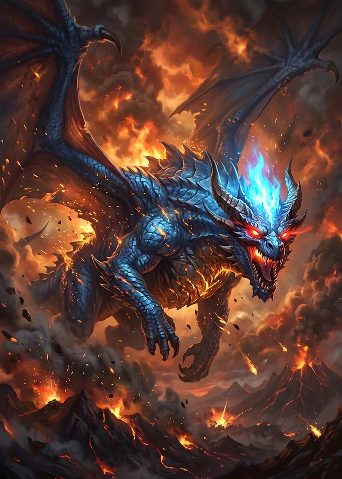 Blue Dragon Amidst Volcanic Eruption