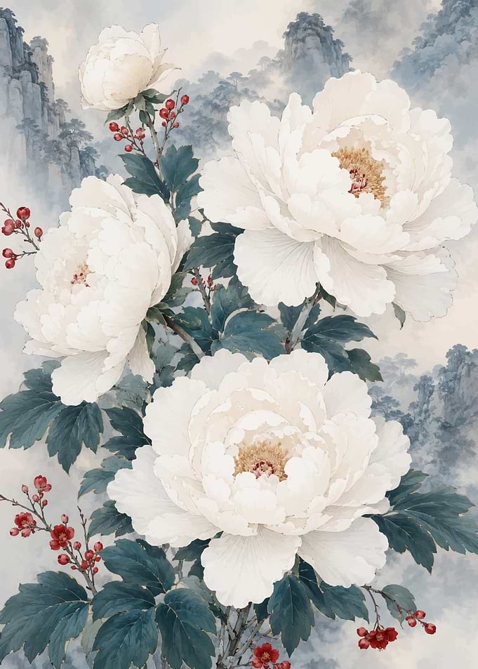 White Peonies with Red Berries and Mountains