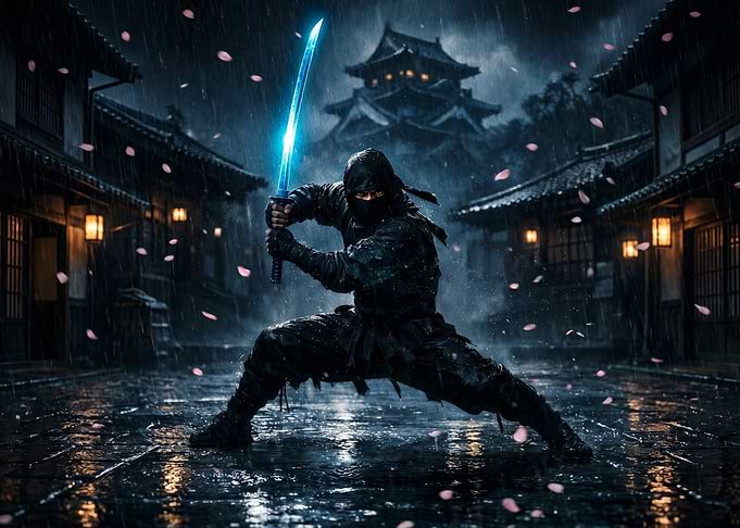 Ninja with glowing sword in rain