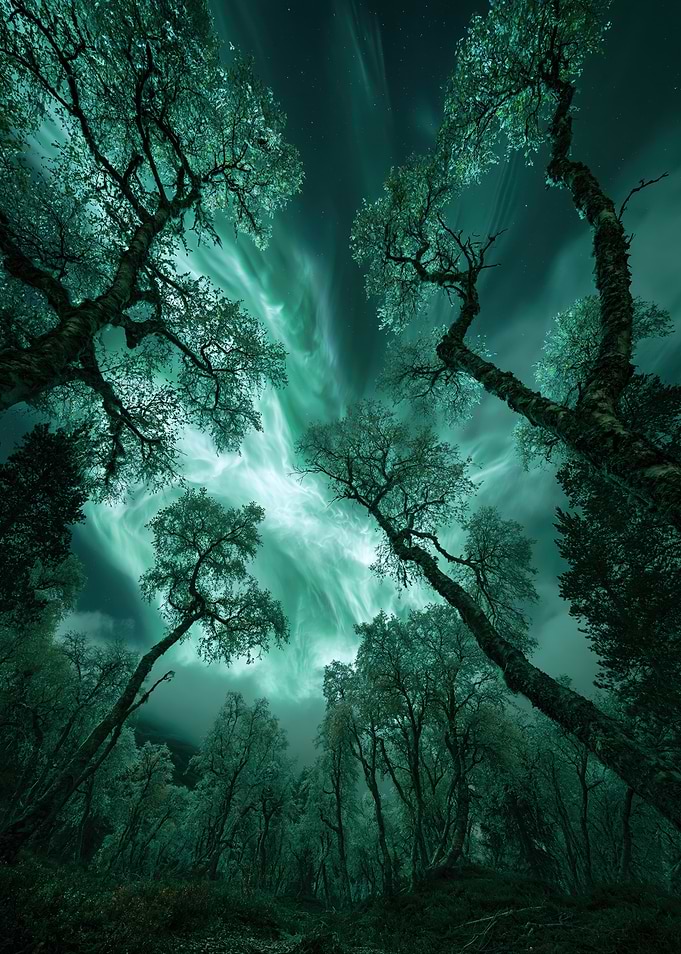 Aurora Borealis Over Forest