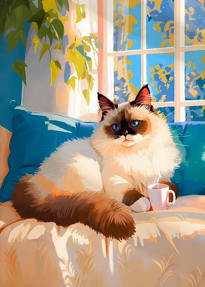 Ragdoll Cat Enjoying a Drink by the Window