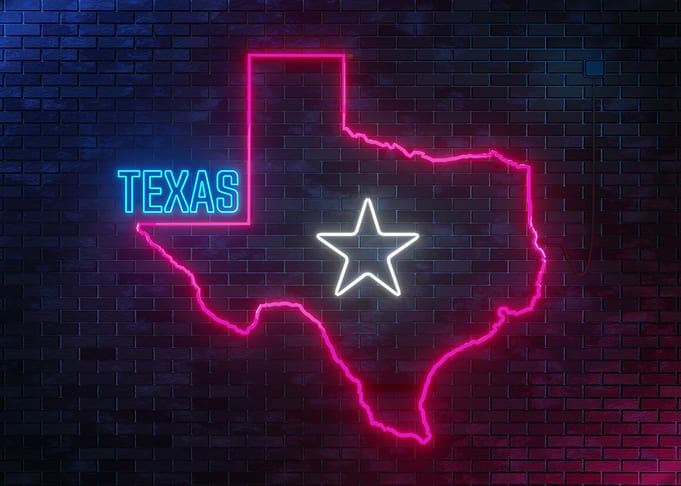 Texas State Map Neon Sign on Brick Wall