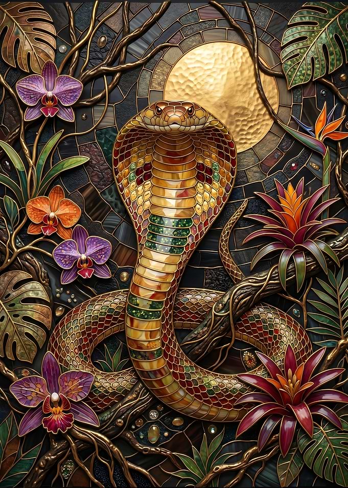 Cobra with Orchids and Tropical Flowers
