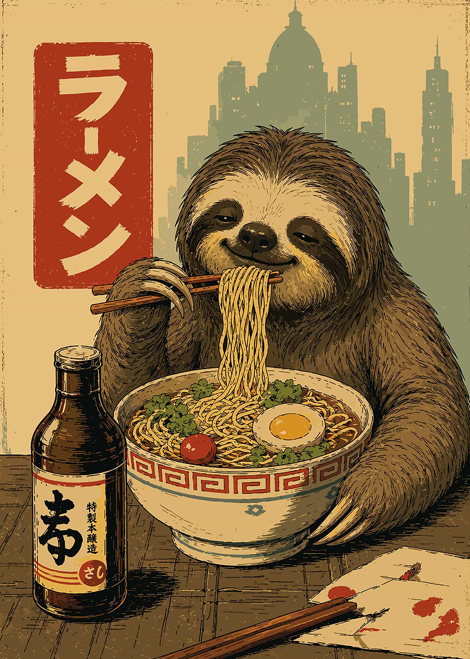 Cute Sloth Ramen Illustration Retro Japanese Cityscape Wall Art Poster