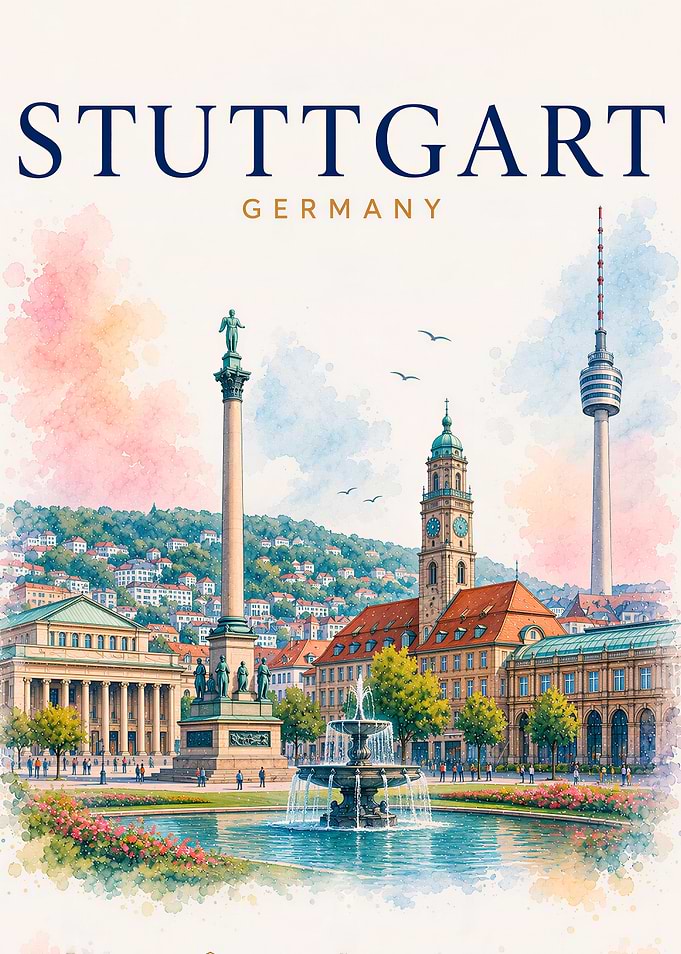 Stuttgart Germany Cityscape Watercolor