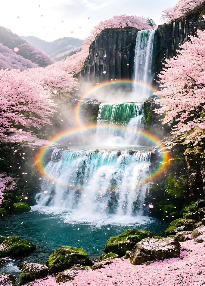 Cherry Blossoms Waterfall Rainbow