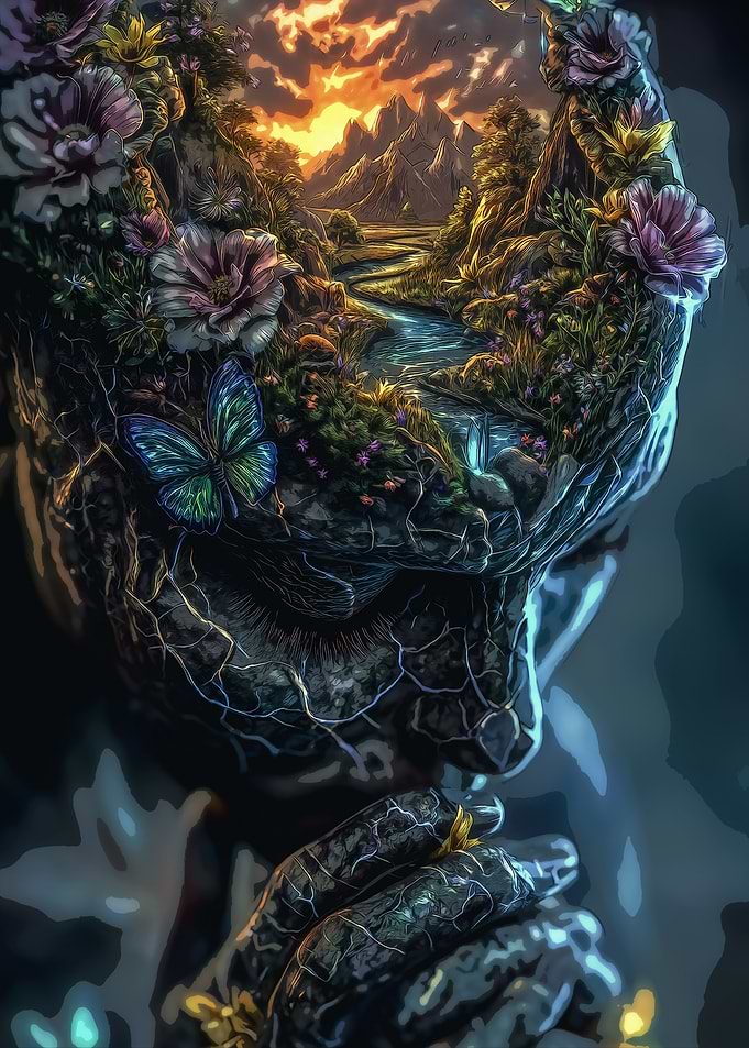 Surreal Headscape with Nature and Mountains