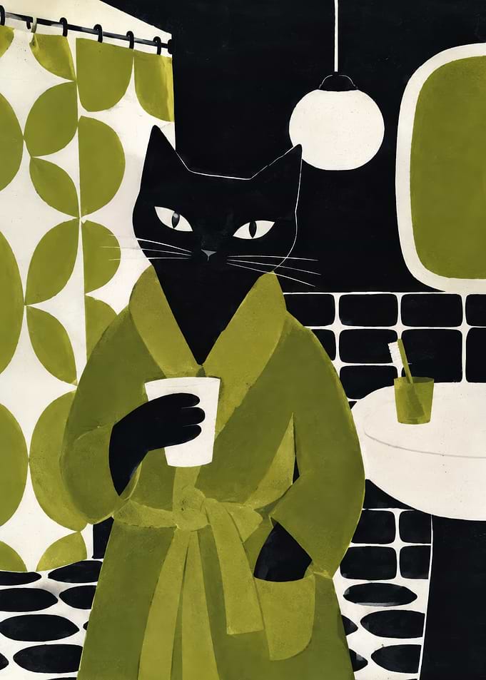 Black Cat in Robe Holding Cup