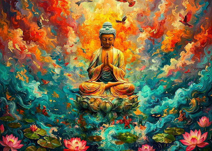 Buddha Meditating Amidst Colorful Clouds and Lotuses