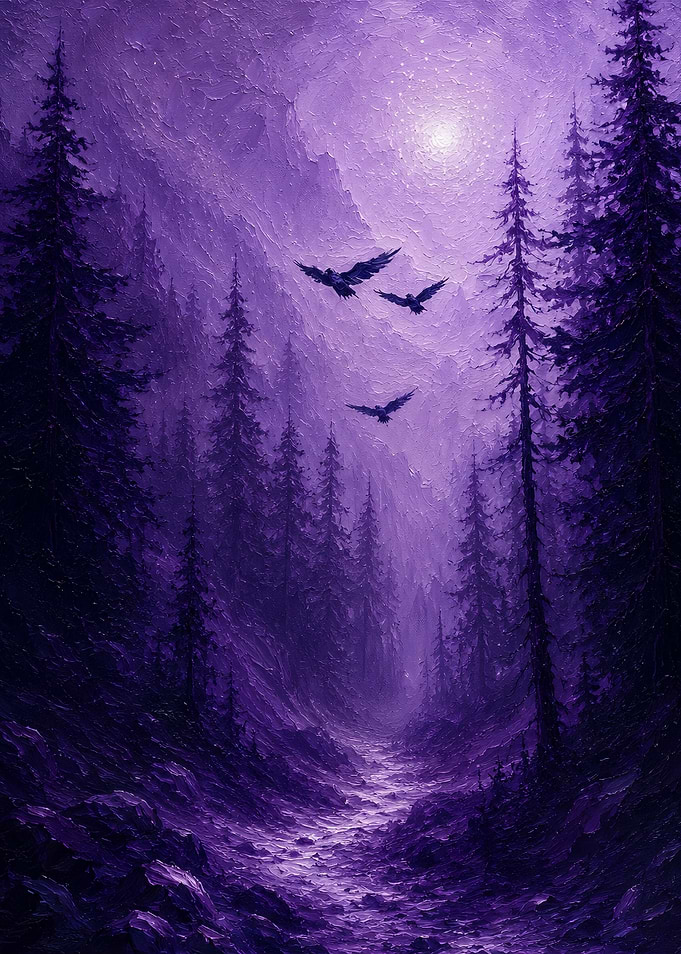 Purple Forest Path with Birds