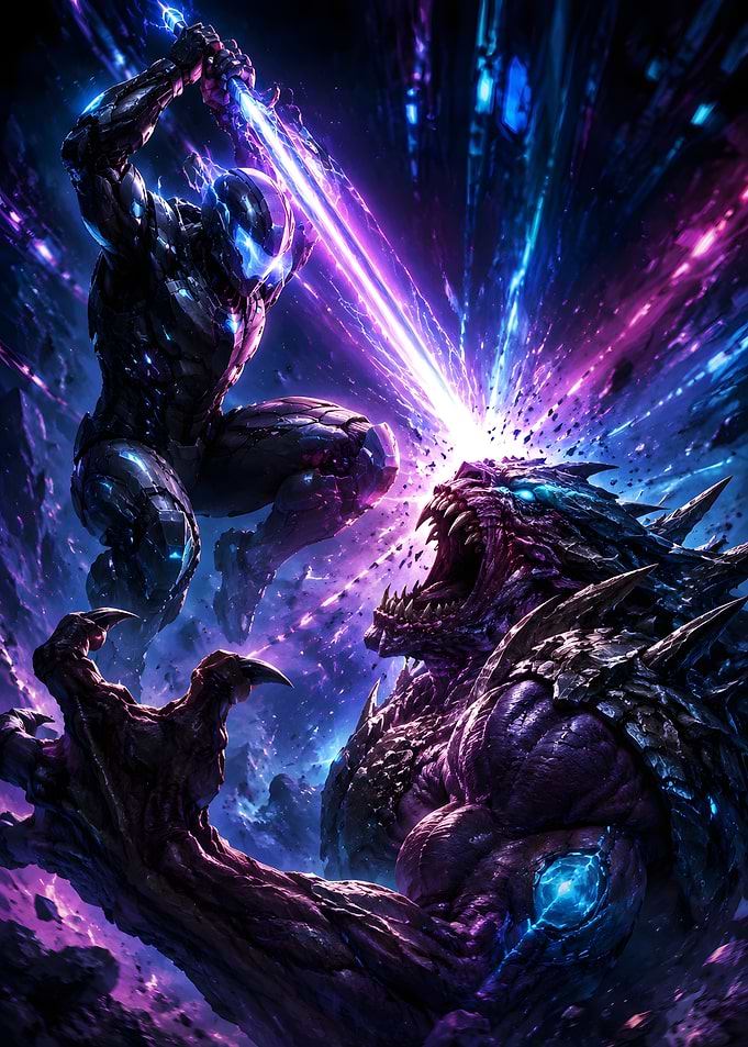 Sci-fi Warrior Battles Monster