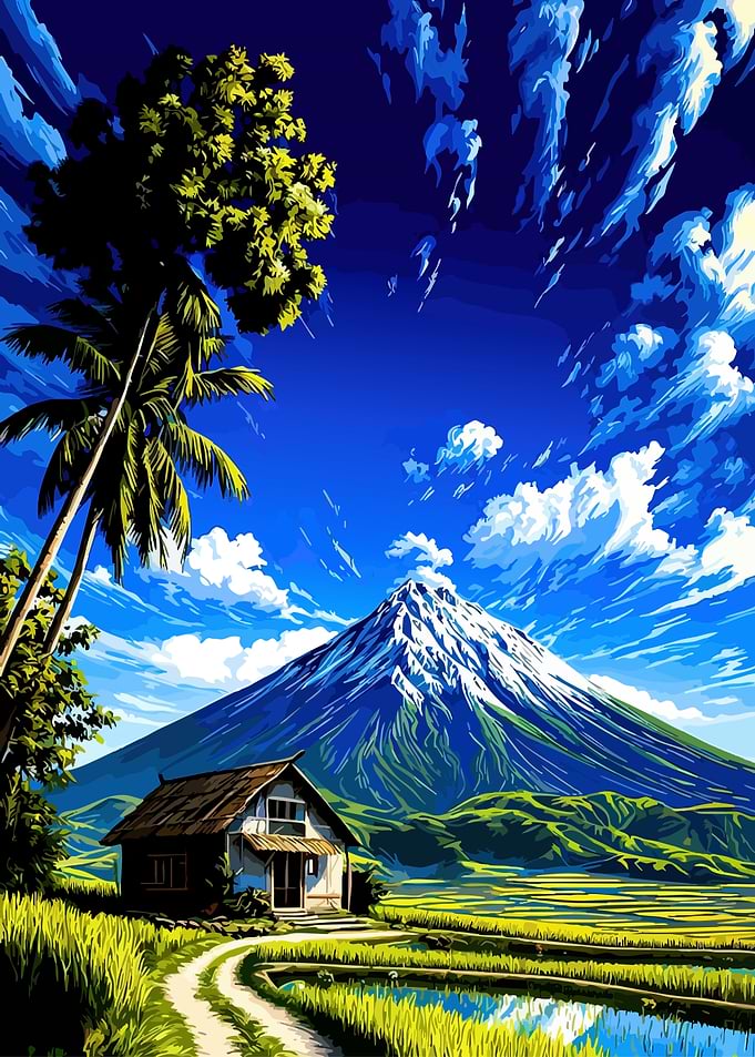 Tropical Landscape with Volcano and Hut