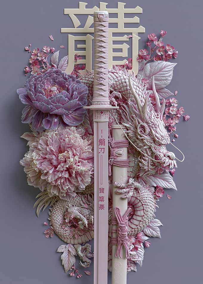 Pink Dragon Katana with Peonies and Cherry Blossoms