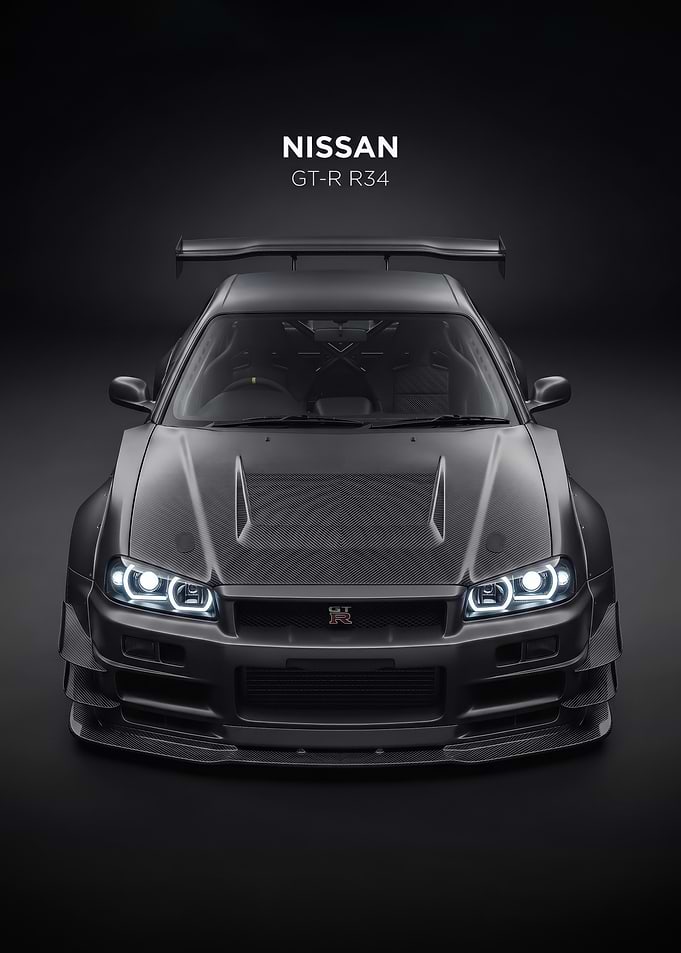 sleek dark Nissan GT-R R34 Front View